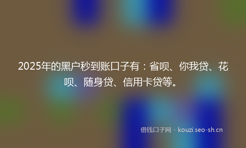 2025年的黑户秒到账口子有：省呗、你我贷、花呗、随身贷、信用卡贷等。