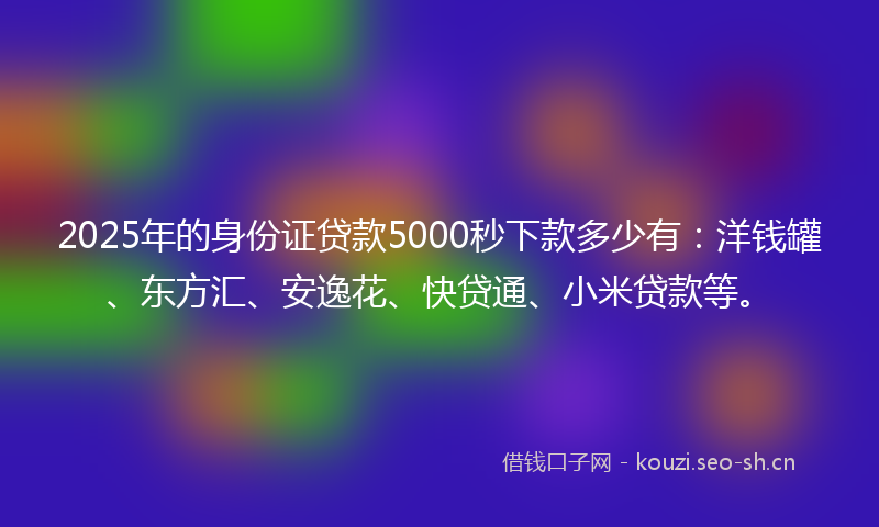 2025年的身份证贷款5000秒下款多少有：洋钱罐、东方汇、安逸花、快贷通、小米贷款等。
