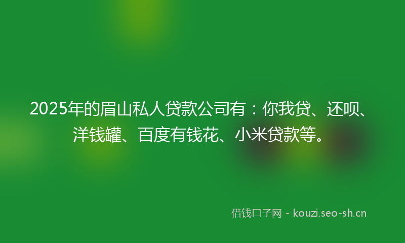 2025年的眉山私人贷款公司有：你我贷、还呗、洋钱罐、百度有钱花、小米贷款等。