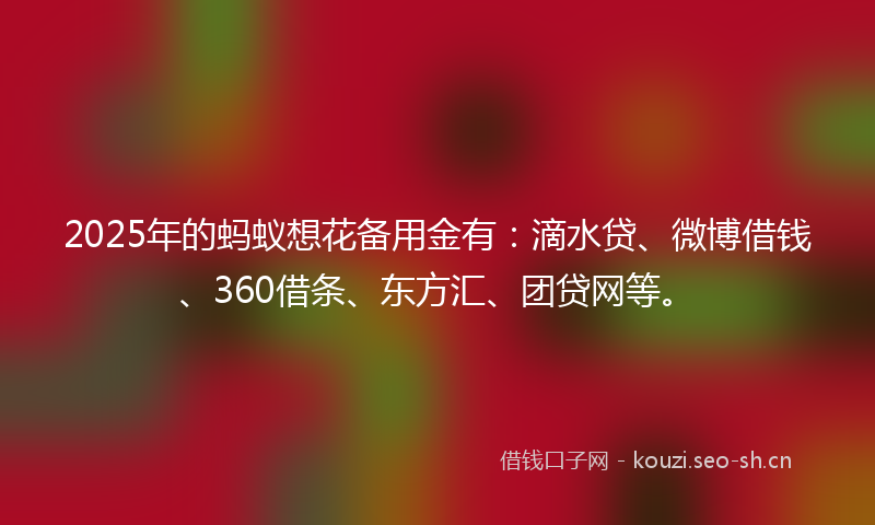 2025年的蚂蚁想花备用金有：滴水贷、微博借钱、360借条、东方汇、团贷网等。