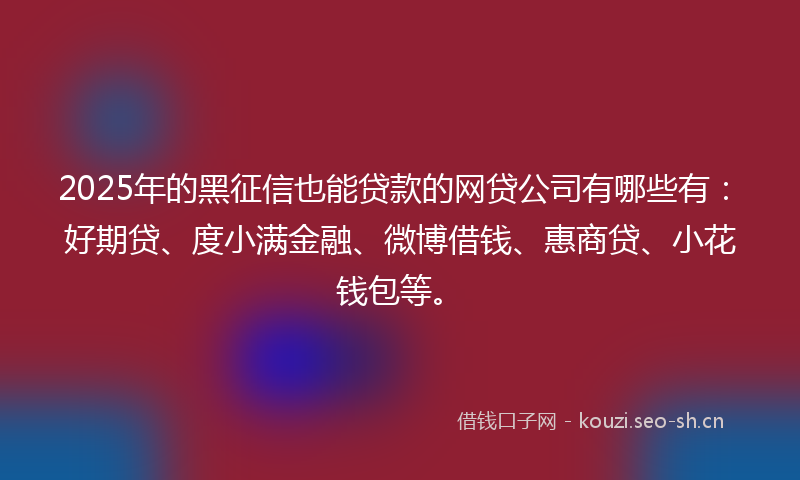 2025年的黑征信也能贷款的网贷公司有哪些有：好期贷、度小满金融、微博借钱、惠商贷、小花钱包等。