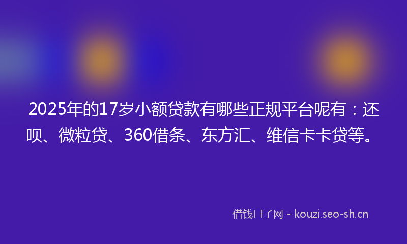 2025年的17岁小额贷款有哪些正规平台呢有：还呗、微粒贷、360借条、东方汇、维信卡卡贷等。