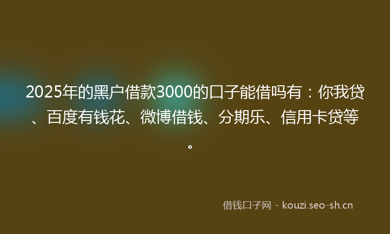 2025年的黑户借款3000的口子能借吗有：你我贷、百度有钱花、微博借钱、分期乐、信用卡贷等。