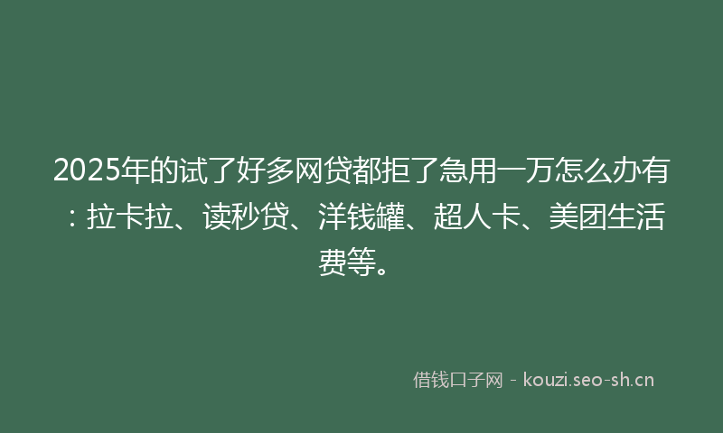 2025年的试了好多网贷都拒了急用一万怎么办有：拉卡拉、读秒贷、洋钱罐、超人卡、美团生活费等。