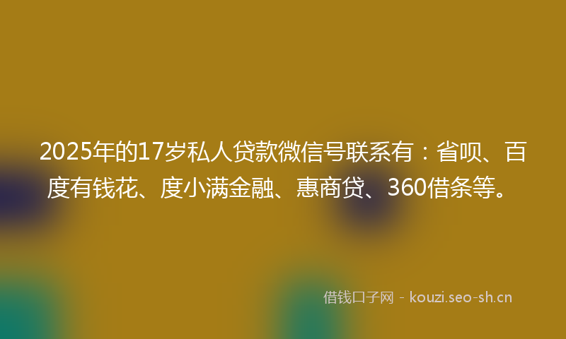 2025年的17岁私人贷款微信号联系有：省呗、百度有钱花、度小满金融、惠商贷、360借条等。