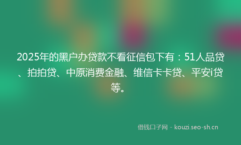 2025年的黑户办贷款不看征信包下有：51人品贷、拍拍贷、中原消费金融、维信卡卡贷、平安i贷等。