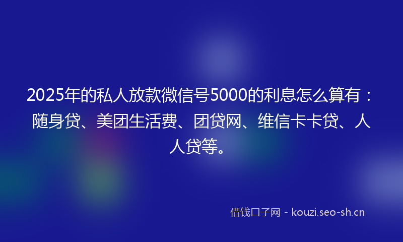 2025年的私人放款微信号5000的利息怎么算有：随身贷、美团生活费、团贷网、维信卡卡贷、人人贷等。
