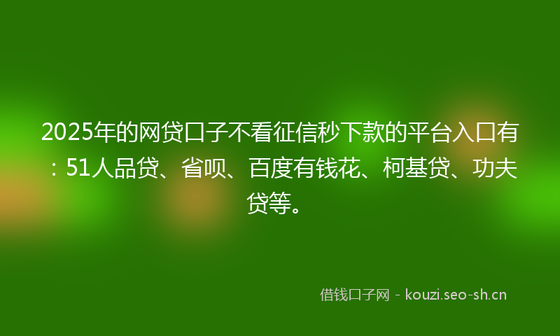 2025年的网贷口子不看征信秒下款的平台入口有：51人品贷、省呗、百度有钱花、柯基贷、功夫贷等。