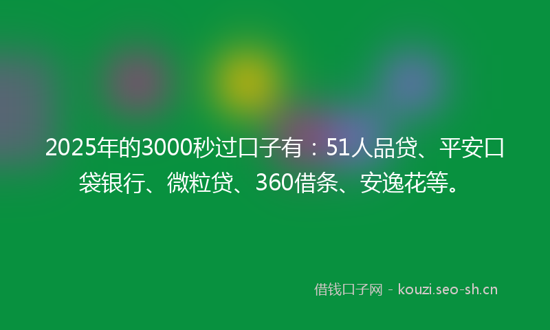 2025年的3000秒过口子有：51人品贷、平安口袋银行、微粒贷、360借条、安逸花等。