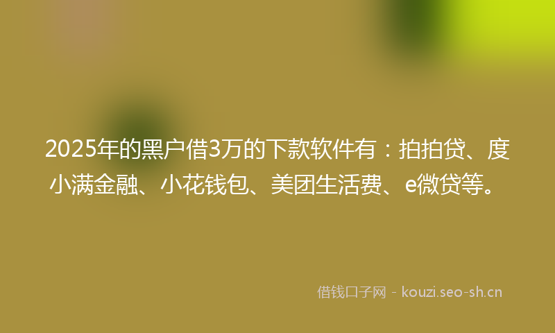 2025年的黑户借3万的下款软件有：拍拍贷、度小满金融、小花钱包、美团生活费、e微贷等。