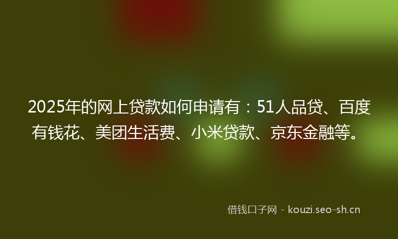 2025年的网上贷款如何申请有：51人品贷、百度有钱花、美团生活费、小米贷款、京东金融等。