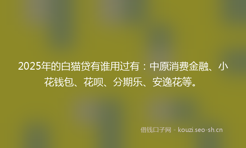 2025年的白猫贷有谁用过有：中原消费金融、小花钱包、花呗、分期乐、安逸花等。