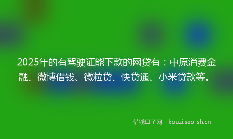 2025年的有驾驶证能下款的网贷有：中原消费金融、微博借钱、微粒贷、快贷通、小米贷款等。