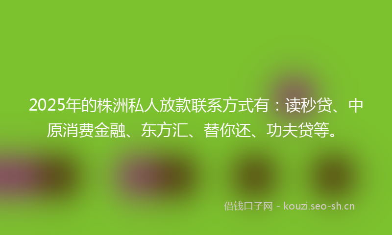 2025年的株洲私人放款联系方式有：读秒贷、中原消费金融、东方汇、替你还、功夫贷等。