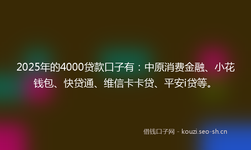 2025年的4000贷款口子有：中原消费金融、小花钱包、快贷通、维信卡卡贷、平安i贷等。