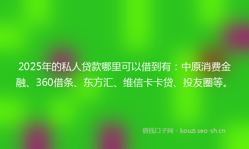 2025年的私人贷款哪里可以借到有：中原消费金融、360借条、东方汇、维信卡卡贷、投友圈等。