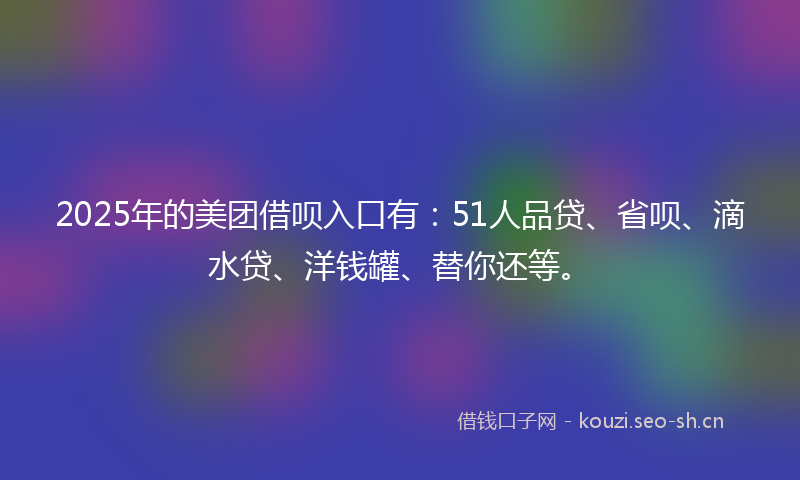 2025年的美团借呗入口有：51人品贷、省呗、滴水贷、洋钱罐、替你还等。