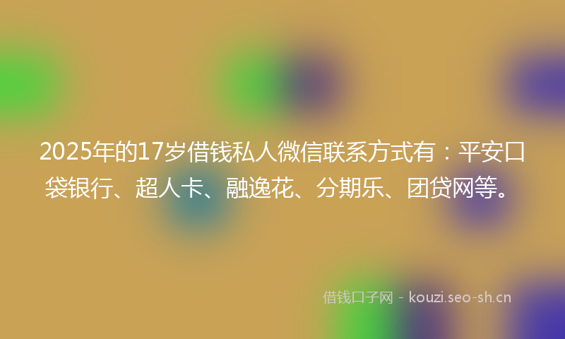 2025年的17岁借钱私人微信联系方式有：平安口袋银行、超人卡、融逸花、分期乐、团贷网等。