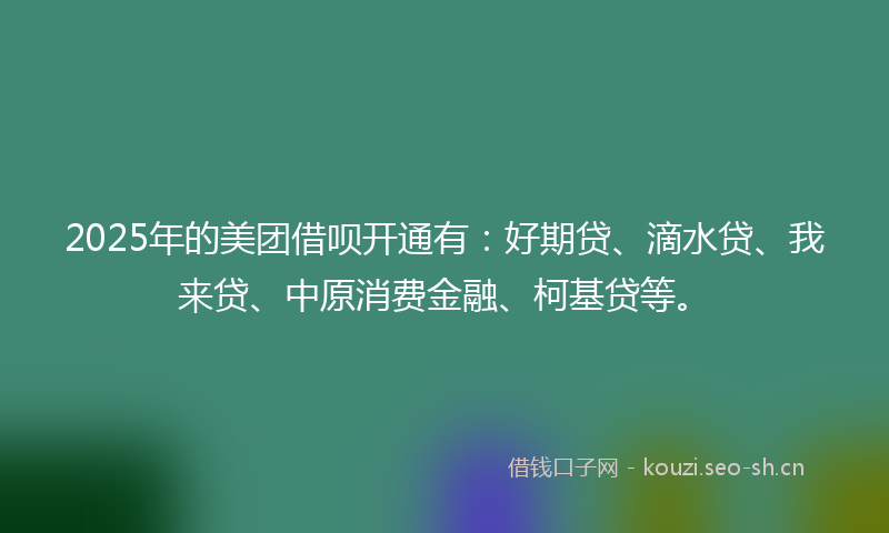 2025年的美团借呗开通有：好期贷、滴水贷、我来贷、中原消费金融、柯基贷等。
