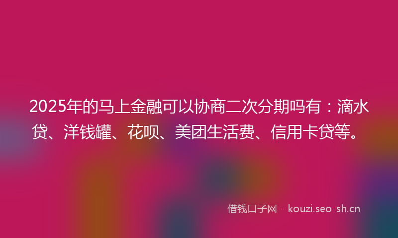 2025年的马上金融可以协商二次分期吗有：滴水贷、洋钱罐、花呗、美团生活费、信用卡贷等。