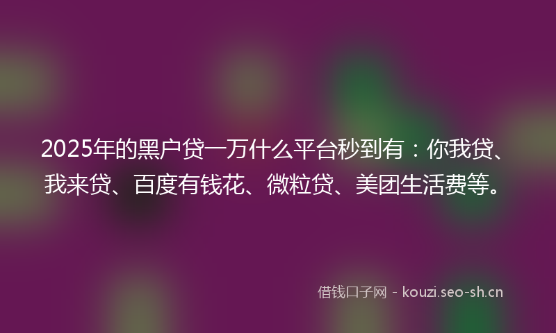 2025年的黑户贷一万什么平台秒到有：你我贷、我来贷、百度有钱花、微粒贷、美团生活费等。
