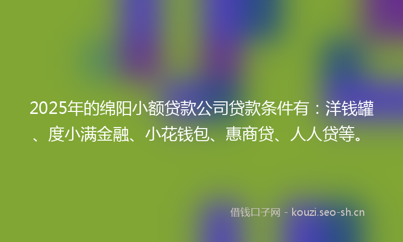 2025年的绵阳小额贷款公司贷款条件有：洋钱罐、度小满金融、小花钱包、惠商贷、人人贷等。