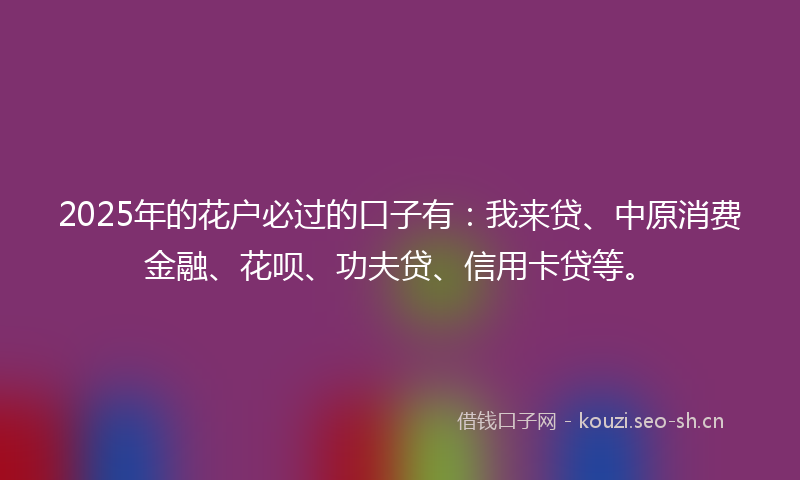 2025年的花户必过的口子有：我来贷、中原消费金融、花呗、功夫贷、信用卡贷等。