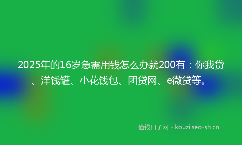 2025年的16岁急需用钱怎么办就200有：你我贷、洋钱罐、小花钱包、团贷网、e微贷等。
