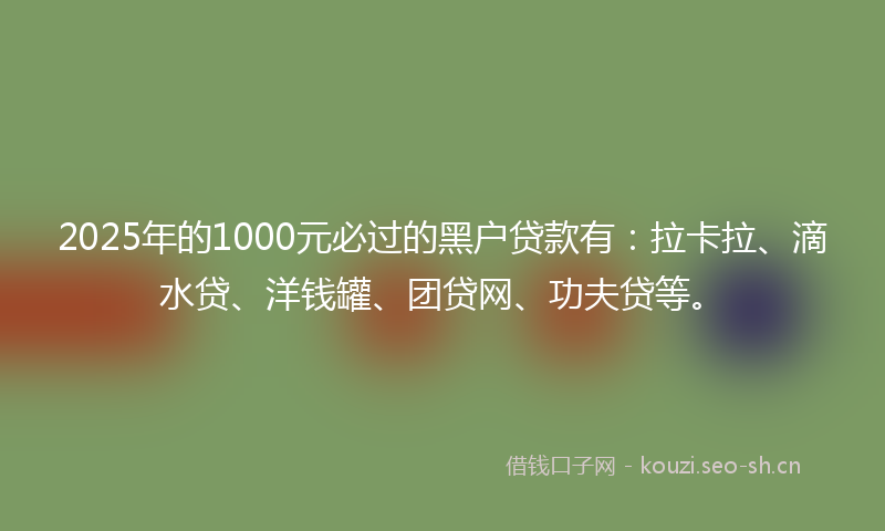 2025年的1000元必过的黑户贷款有：拉卡拉、滴水贷、洋钱罐、团贷网、功夫贷等。