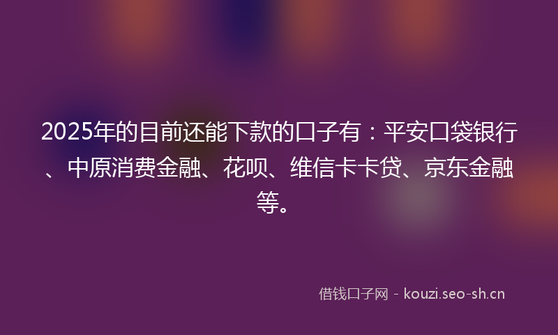 2025年的目前还能下款的口子有：平安口袋银行、中原消费金融、花呗、维信卡卡贷、京东金融等。