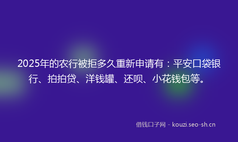 2025年的农行被拒多久重新申请有：平安口袋银行、拍拍贷、洋钱罐、还呗、小花钱包等。