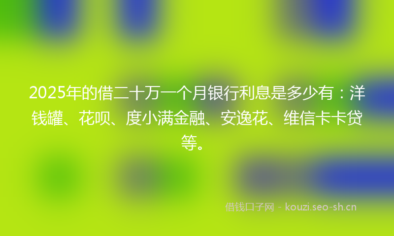 2025年的借二十万一个月银行利息是多少有：洋钱罐、花呗、度小满金融、安逸花、维信卡卡贷等。