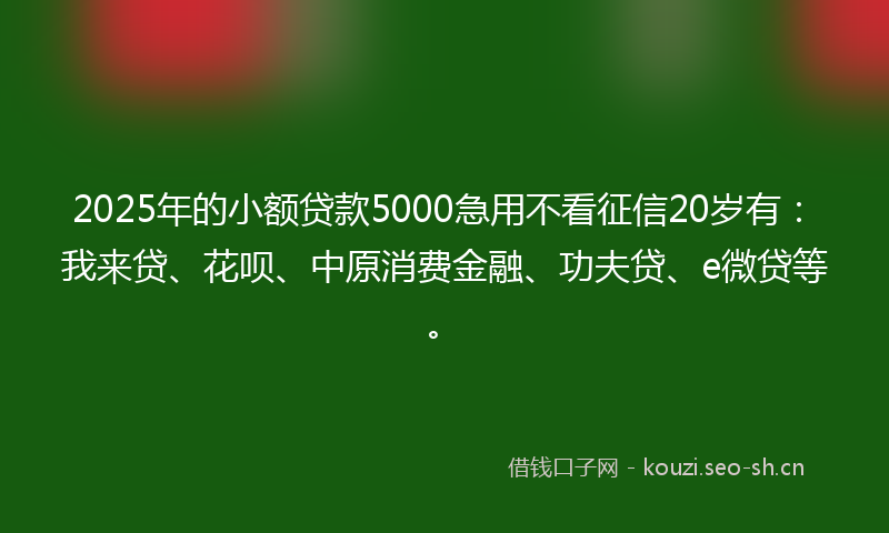 2025年的小额贷款5000急用不看征信20岁有：我来贷、花呗、中原消费金融、功夫贷、e微贷等。