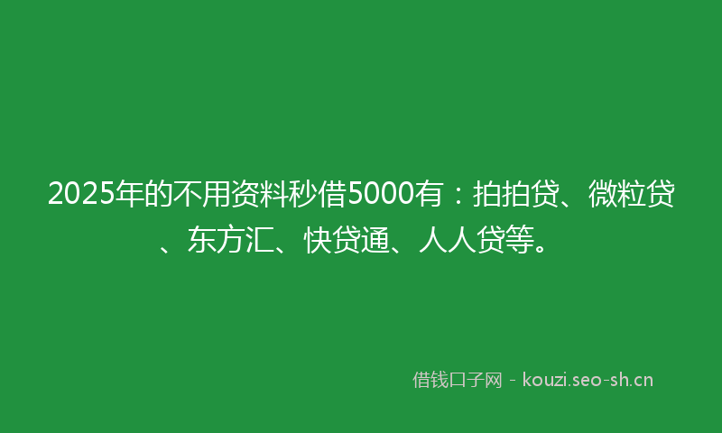 2025年的不用资料秒借5000有：拍拍贷、微粒贷、东方汇、快贷通、人人贷等。