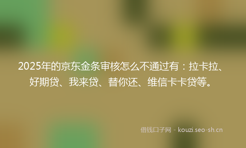 2025年的京东金条审核怎么不通过有：拉卡拉、好期贷、我来贷、替你还、维信卡卡贷等。