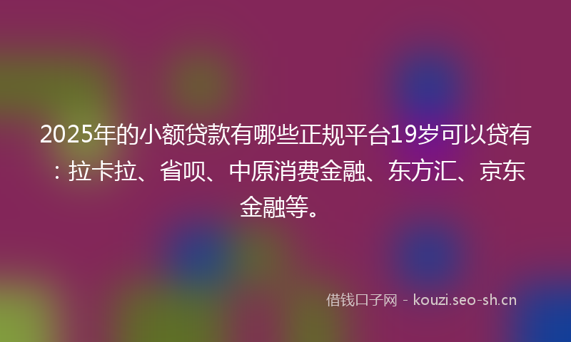 2025年的小额贷款有哪些正规平台19岁可以贷有：拉卡拉、省呗、中原消费金融、东方汇、京东金融等。