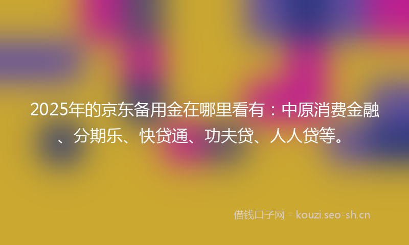 2025年的京东备用金在哪里看有：中原消费金融、分期乐、快贷通、功夫贷、人人贷等。