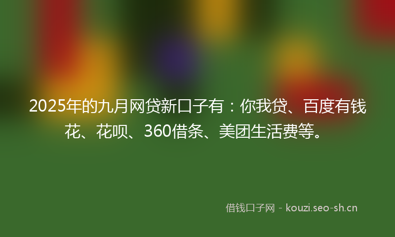 2025年的九月网贷新口子有：你我贷、百度有钱花、花呗、360借条、美团生活费等。
