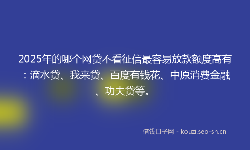 2025年的哪个网贷不看征信最容易放款额度高有：滴水贷、我来贷、百度有钱花、中原消费金融、功夫贷等。