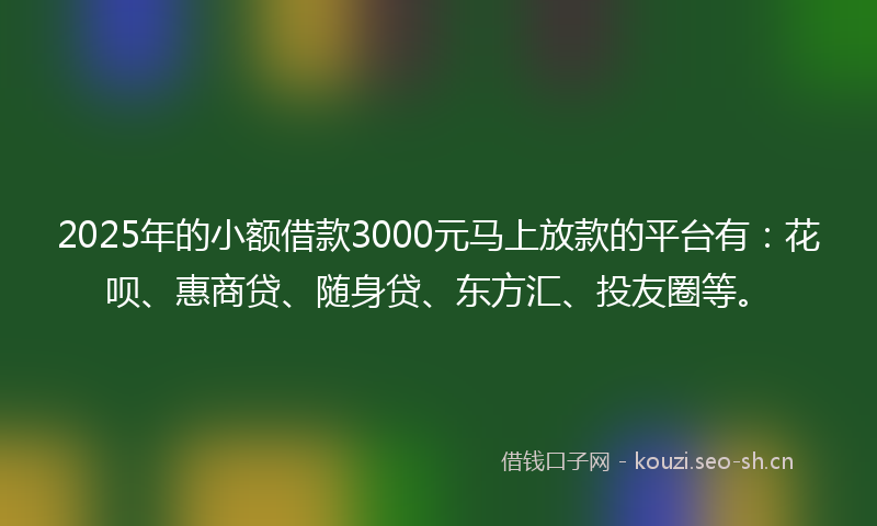 2025年的小额借款3000元马上放款的平台有：花呗、惠商贷、随身贷、东方汇、投友圈等。