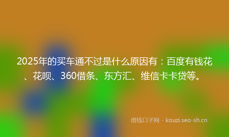 2025年的买车通不过是什么原因有：百度有钱花、花呗、360借条、东方汇、维信卡卡贷等。