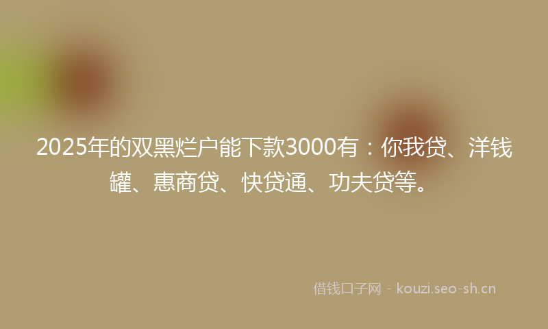 2025年的双黑烂户能下款3000有：你我贷、洋钱罐、惠商贷、快贷通、功夫贷等。