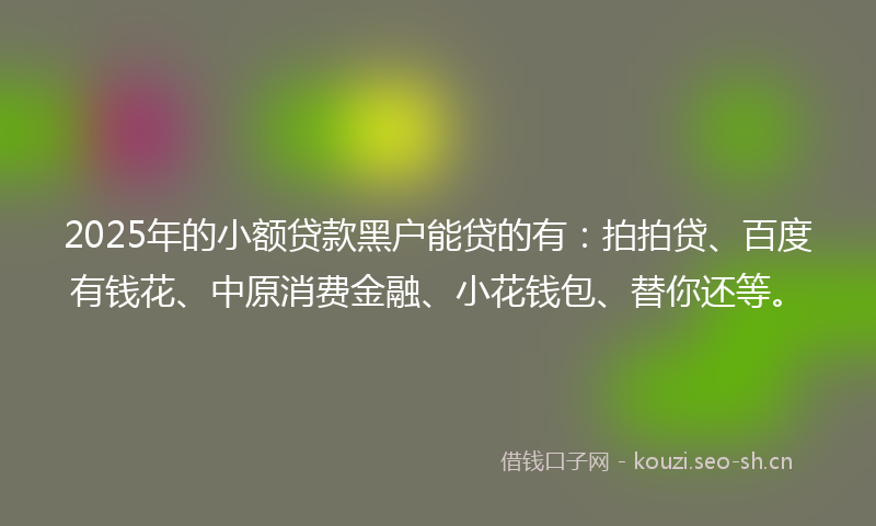 2025年的小额贷款黑户能贷的有:拍拍贷、百度有钱花、中原消费金融、小花钱包、替你还等。
