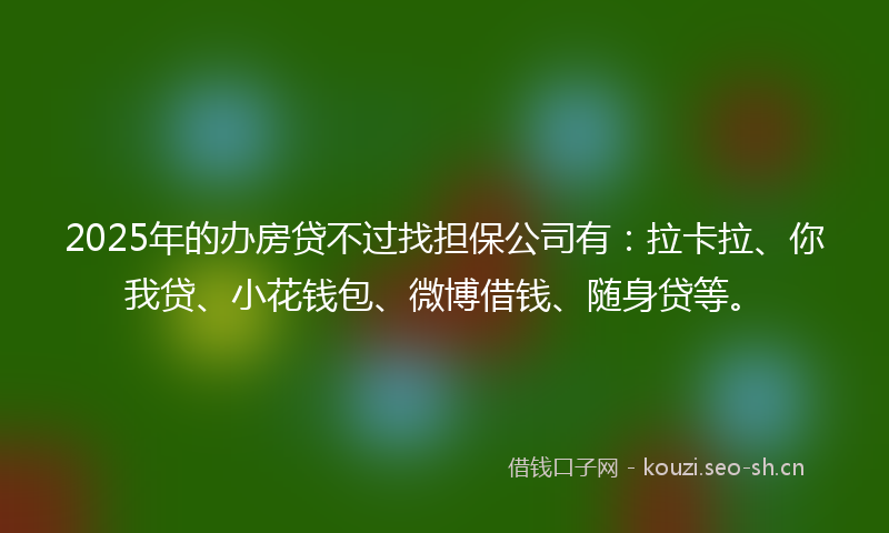 2025年的办房贷不过找担保公司有：拉卡拉、你我贷、小花钱包、微博借钱、随身贷等。
