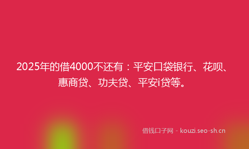 2025年的借4000不还有：平安口袋银行、花呗、惠商贷、功夫贷、平安i贷等。