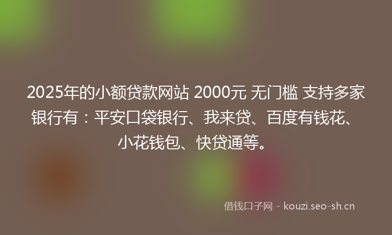 2025年的小额贷款网站 2000元 无门槛 支持多家银行有：平安口袋银行、我来贷、百度有钱花、小花钱包、快贷通等。