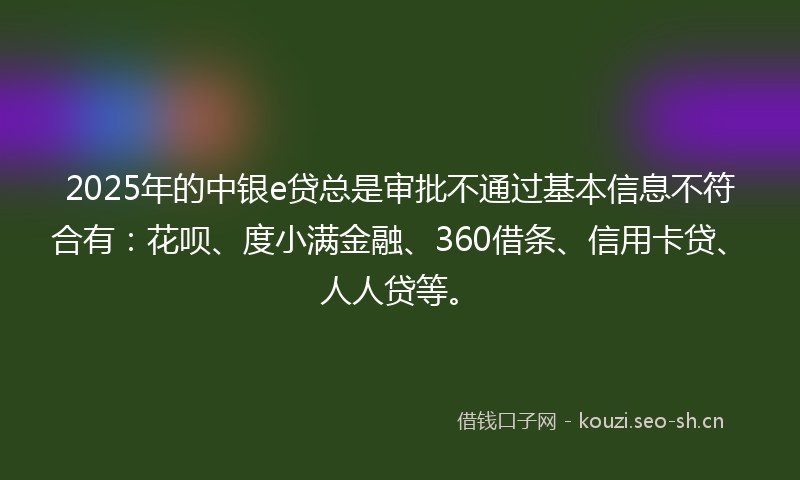 2025年的中银e贷总是审批不通过基本信息不符合有：花呗、度小满金融、360借条、信用卡贷、人人贷等。