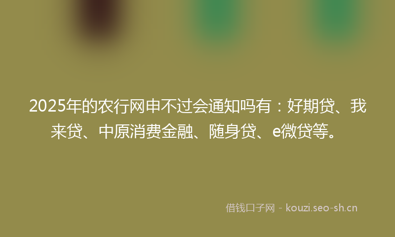 2025年的农行网申不过会通知吗有：好期贷、我来贷、中原消费金融、随身贷、e微贷等。