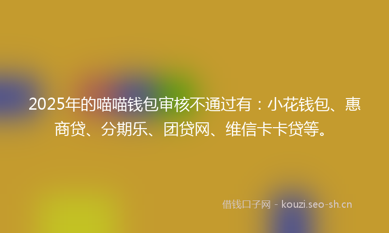 2025年的喵喵钱包审核不通过有：小花钱包、惠商贷、分期乐、团贷网、维信卡卡贷等。