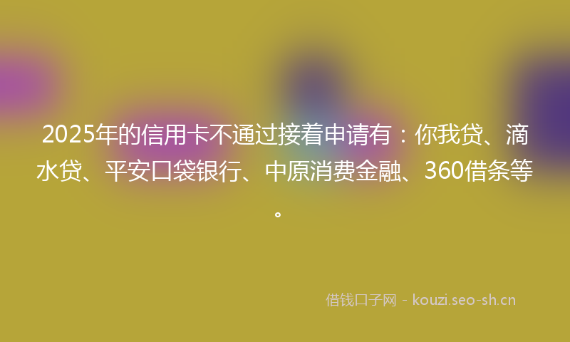 2025年的信用卡不通过接着申请有：你我贷、滴水贷、平安口袋银行、中原消费金融、360借条等。